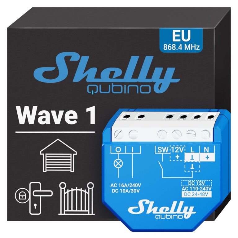 SHELLY – Wave 1 – Module interrupteur sans fil Z-Wave 868,4 MHz, 1 canail – 16A, Contacts secs, Ouvre-porte de garage connecté, Passerelle Z-Wave requise, Horaires & Scenes intelligentes
