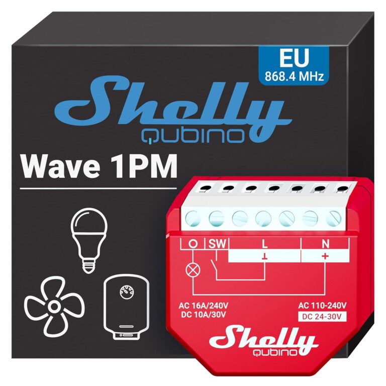 SHELLY – Wave 1PM – Module interrupteur sans fil Z-Wave 868,4 MHz, 1 canail – 16A, Compteur consommation électrique, Éclairage connecté, Passerelle Z-Wave requise, Horaires & Scenes intelligentes