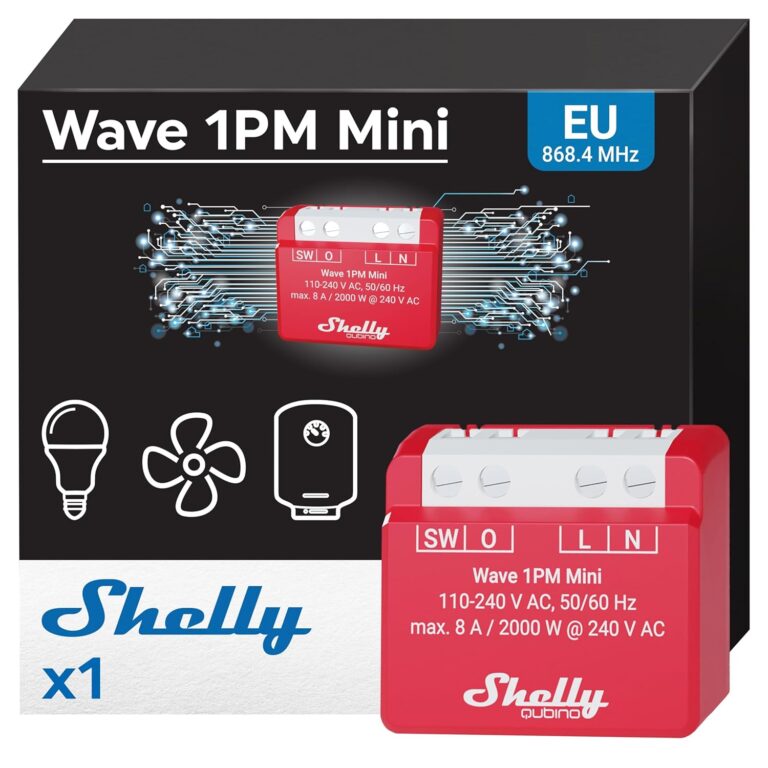 SHELLY – Wave 1PM Mini – Micromodule relais interrupteur Z-Wave, 1 Canal 8A 240 V AC, Éclairage connecté, Ouvre-porte de garage connecté, Commande à distance, Paserelle Z-Wave requise