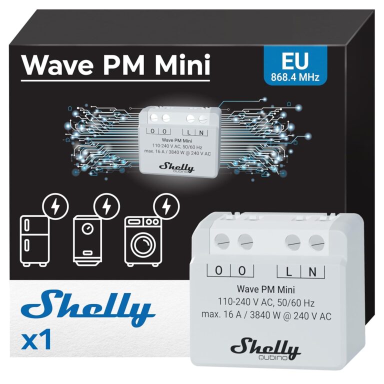 SHELLY – Wave PM Mini – Compteur d&rsquo;énergie connecté Z-Wave, 1 canal – 16A 240 V AC, Mesure de consommation à distance par app, Actions URL & Scènes intelligentes, Passerelle Z-Wave requise