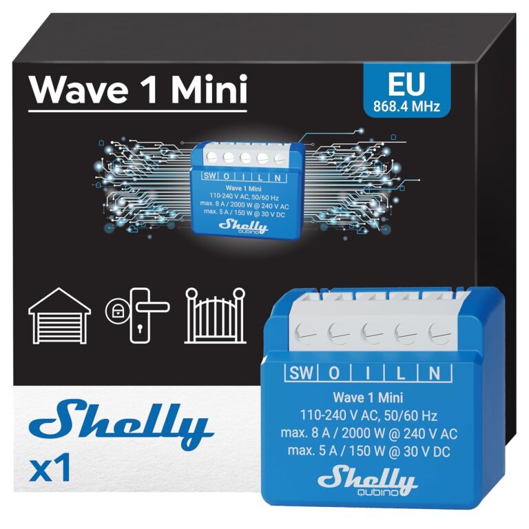 SHELLY – Wave 1 Mini – Micromodule relais interrupteur Z-Wave, 1 Canal 8A 240 V AC, Contacts secs, Ouvre-porte de garage connecté, Commande à distance, Paserelle Z-Wave requise